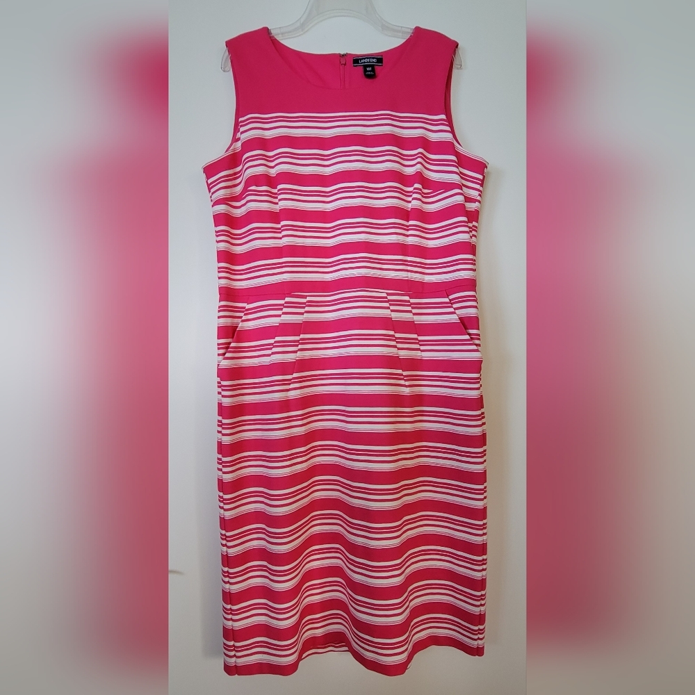 Lands' End XL Ponte Knit Sleeveless Midi Dress Hot Pink & White Stripes Bodycon